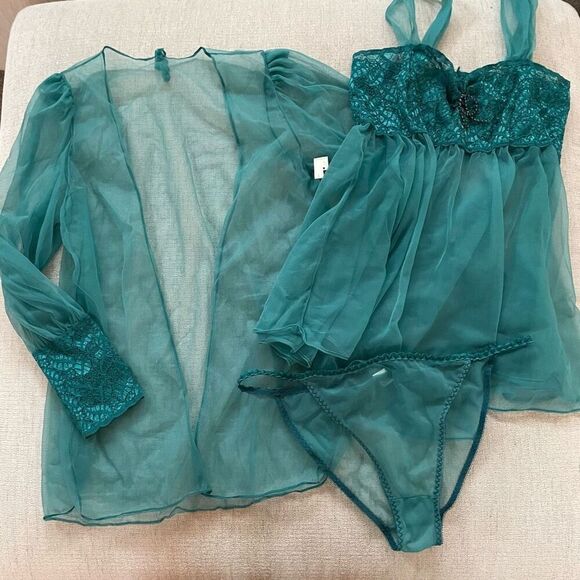 NWT 3pc Green Lingerie Set Teddy Panties Shirt Length Sheer Robe L - Picture 1 of 10